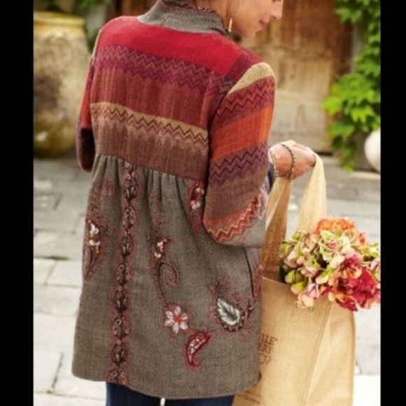 Soft Surroundings Blue 100% Wool Embroidered Cardigan - Picture 4 of 9